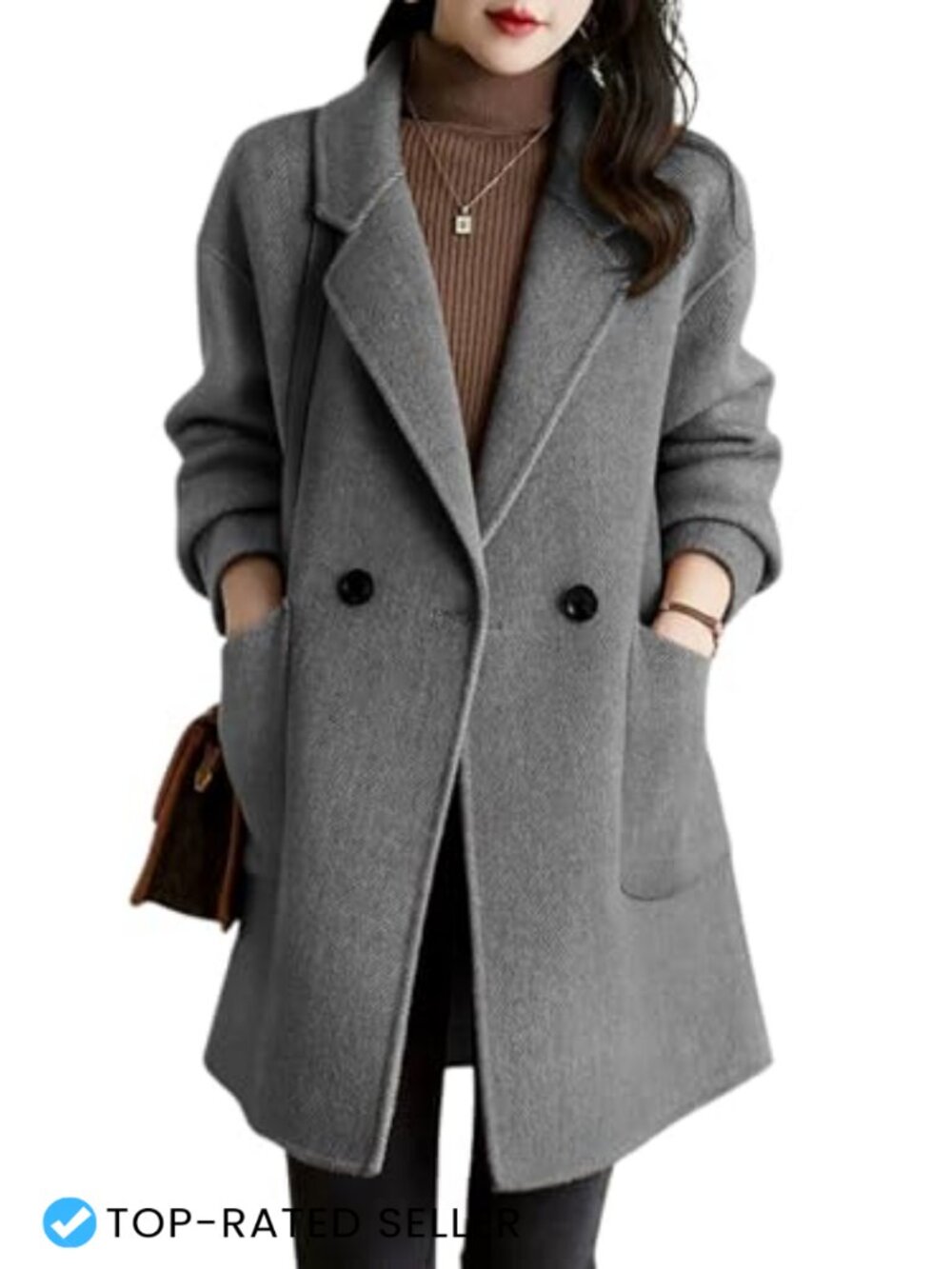 Wool Blend Herringbone Pea Coat Notch Lapel Double Breasted Winter